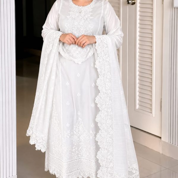 Embroidery Three Piece Soft Cotton Dress for Women