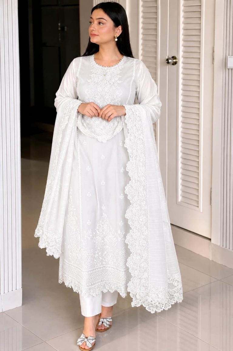 Embroidery Three Piece Soft Cotton Dress for Women